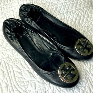 Tory Burch Black Flats with Silver Logo